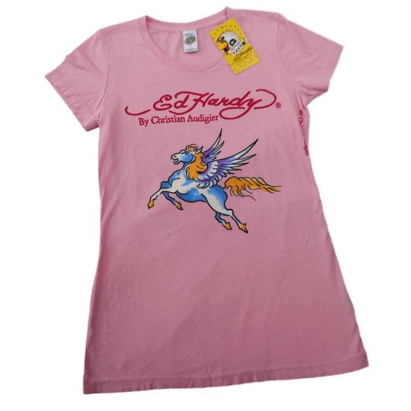 Ed Hardy Tops - NEW Ed Hardy Designs Basic Tee Pink Unicorn Crew Neck Cotton S